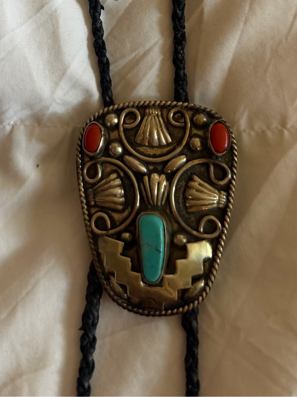 Vintage Alpaca Turquoise & Coral Western Leather Bolo Tie